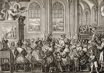 Oliver Cromwell (1599-1658) preekt voor een puriteinse gemeente